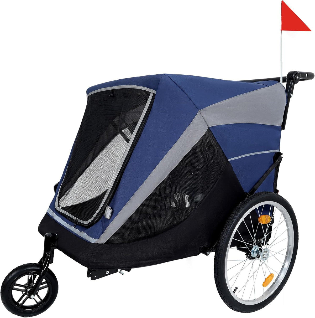 Blue dog bike trailer with mesh cover attached to a bicycle hitch – view 3