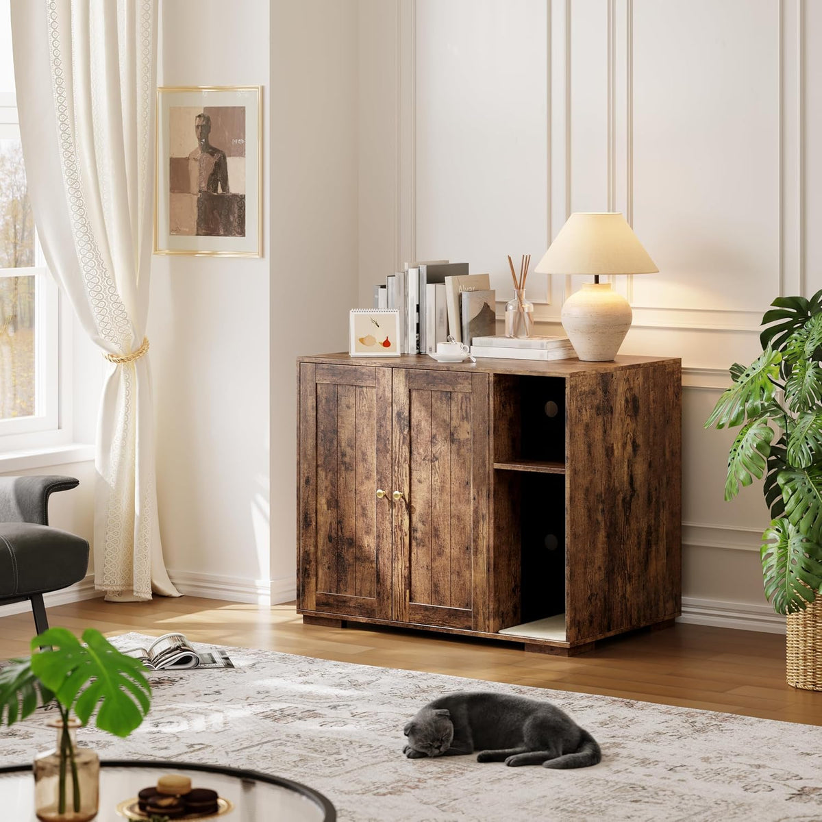 Brown 39.4-inch litter box enclosure side table with power outlet