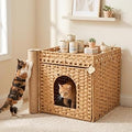 Cat Litter Box Enclosure with Scratching Post, Handwoven Rattan