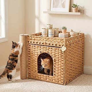 Cat Litter Box Enclosure with Scratching Post, Handwoven Rattan