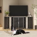 Grey wooden corner dog crate furniture used as a TV stand