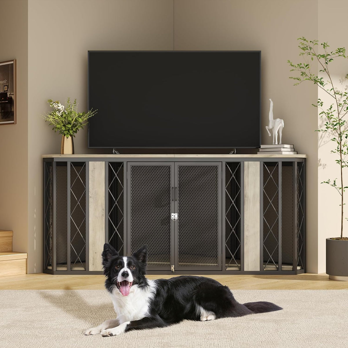 Grey wooden corner dog crate furniture used as a TV stand