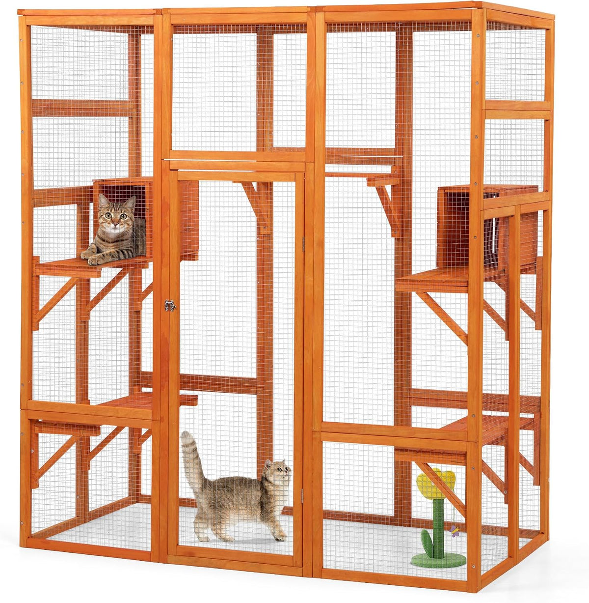 Large grey wooden catio outdoor cat enclosure with platforms and roof – view 2