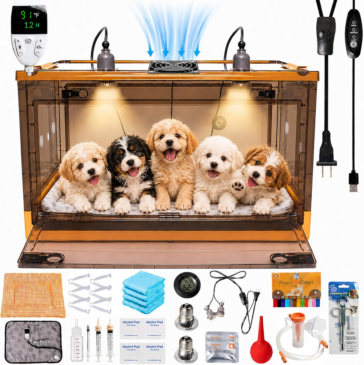Clear puppy and kitten incubator with heating mat, fan and hygrometer