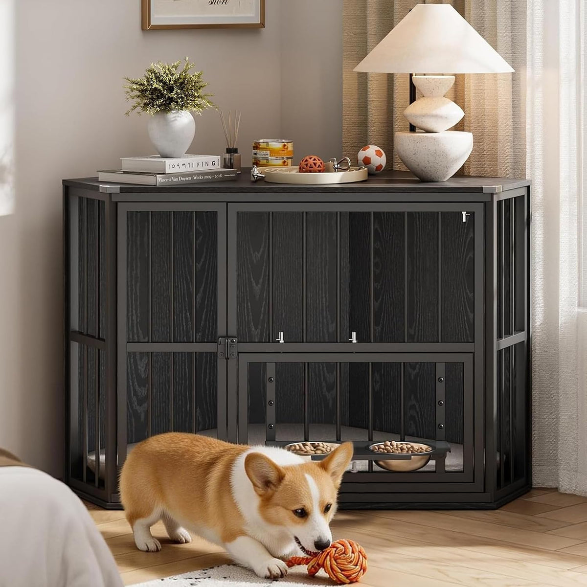 White wooden corner dog crate with rotating feeding bowl tray in a living room corner – view 2