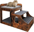 Rustic brown wooden pet window perch bed with stairs and storage drawer