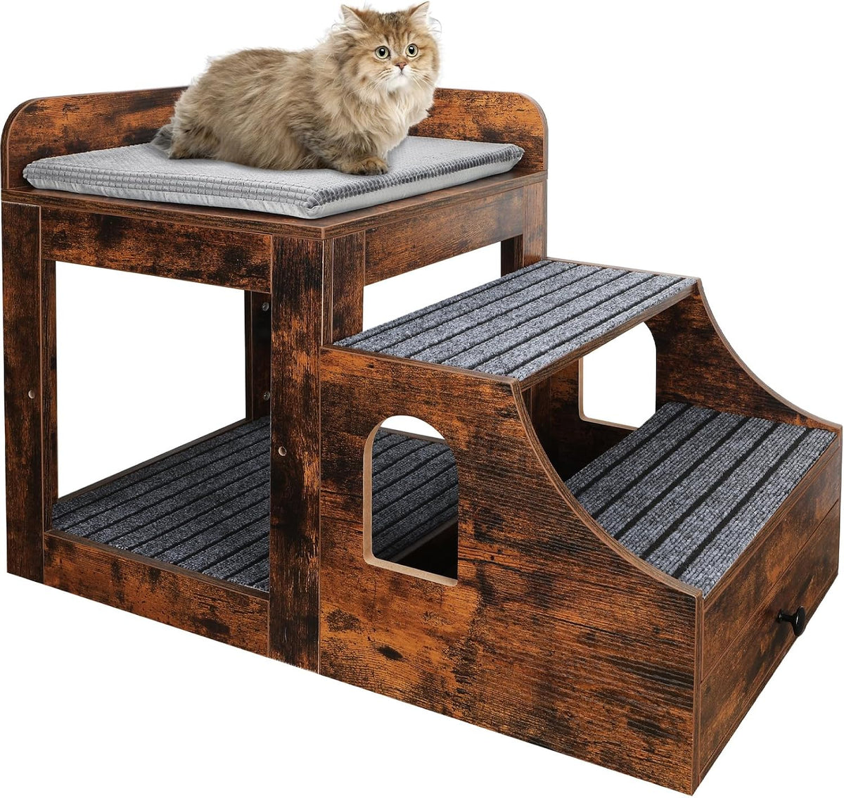 Rustic brown wooden pet window perch bed with stairs and storage drawer