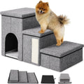 Grey 3-step foldable pet stairs with storage condo beside a bed