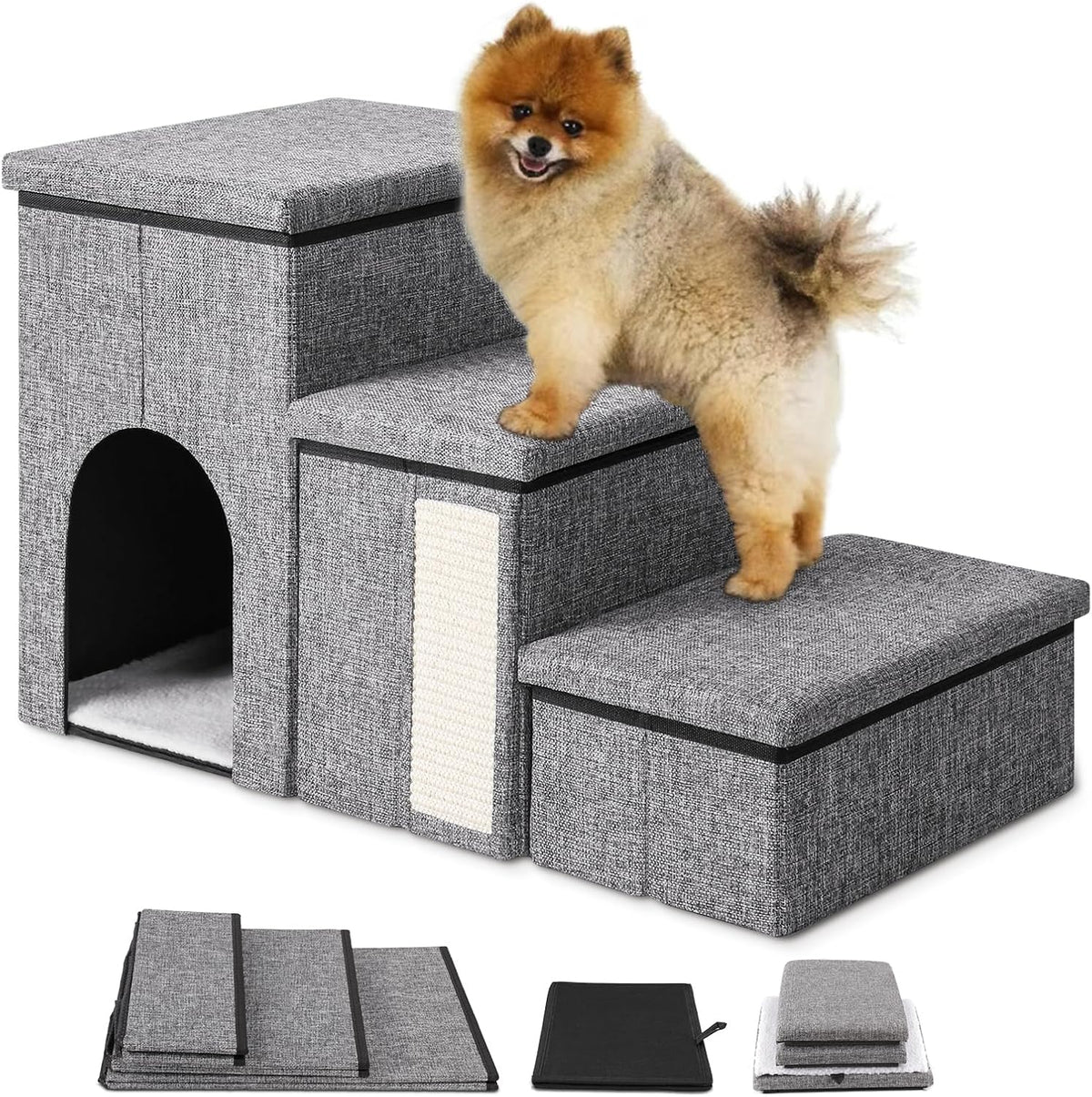 Grey 3-step foldable pet stairs with storage condo beside a bed