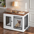 White modern wooden dog crate end table with swivel stainless steel bowls