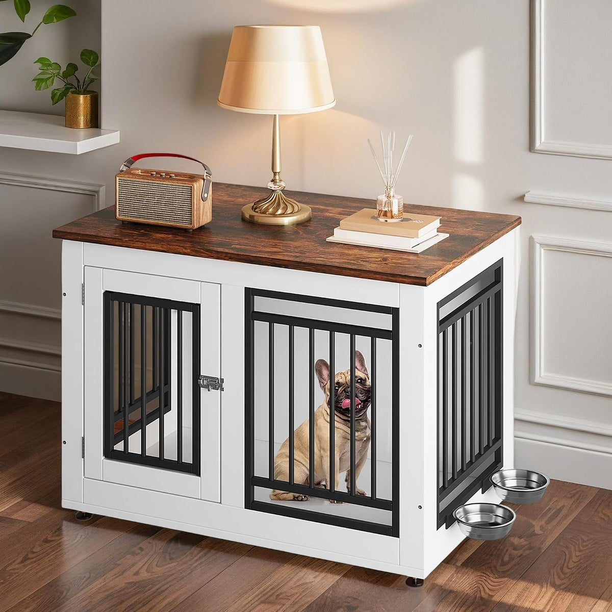 White modern wooden dog crate end table with swivel stainless steel bowls