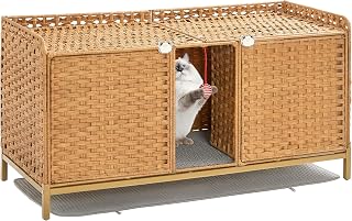 Coucheta Handwoven Rattan Double Cat Litter Box Enclosure, 2-Compartment, Natural