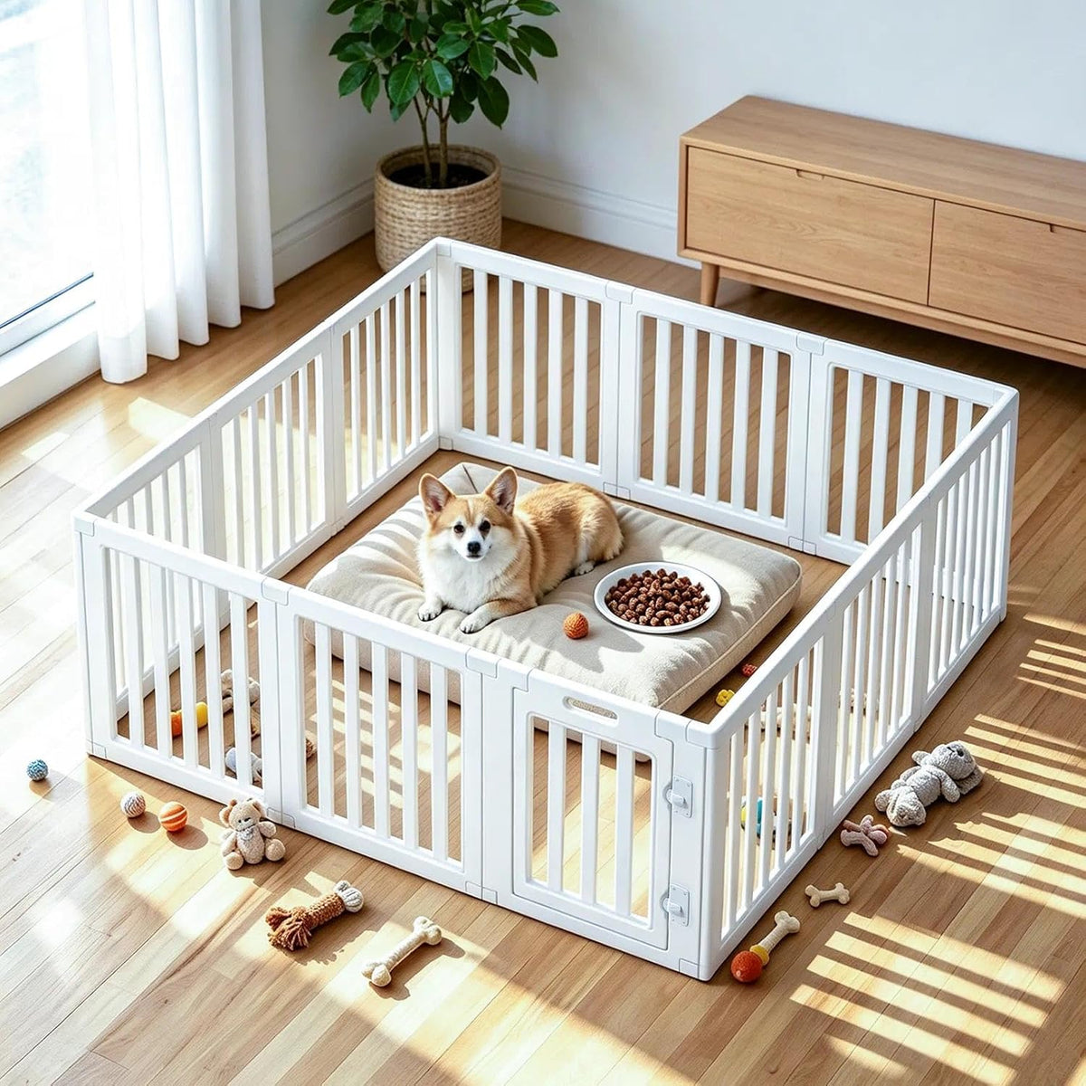 White fence-style pet playpen with door arranged in a living room
