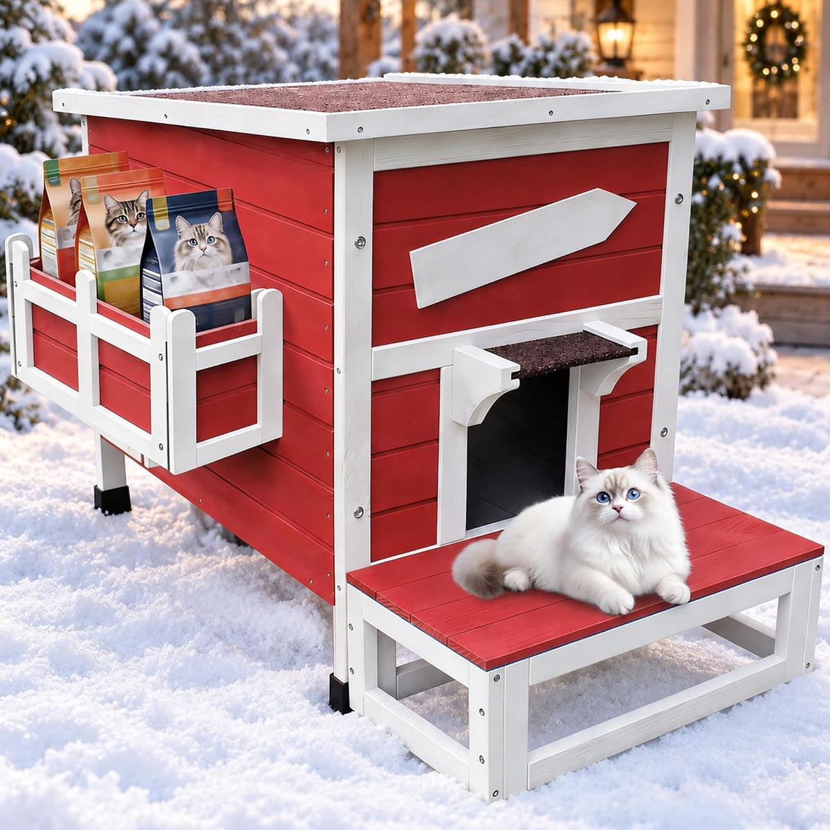 Blue weatherproof wooden outdoor cat shelter with escape door – view 6