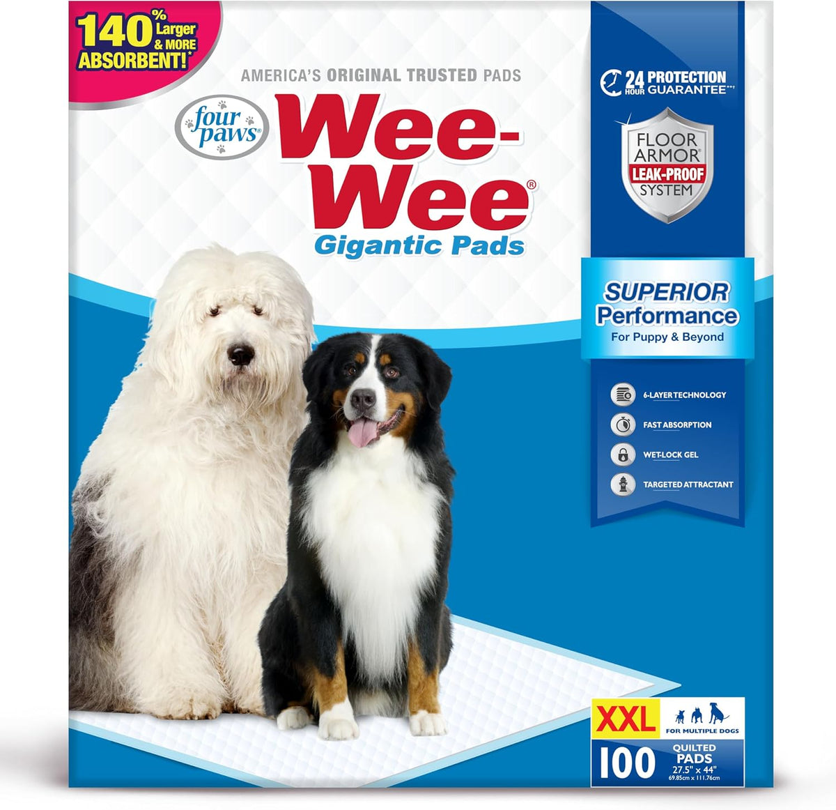 Gigantic 27.5 x 44 inch dog potty training pad spread on a floor