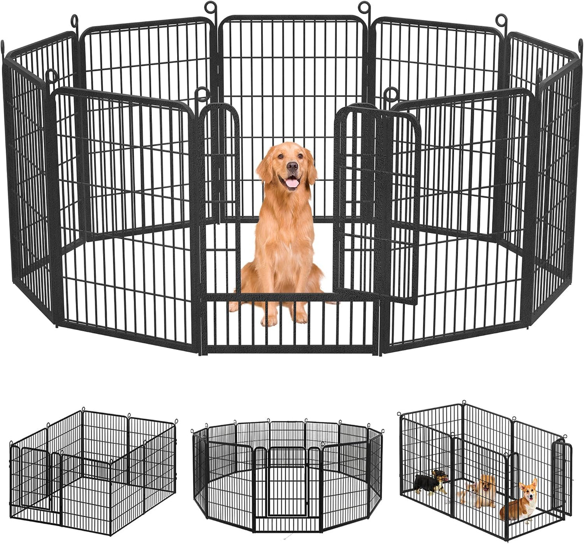 Black 40 inch metal dog playpen with fourteen panels set up in a yard – view 8