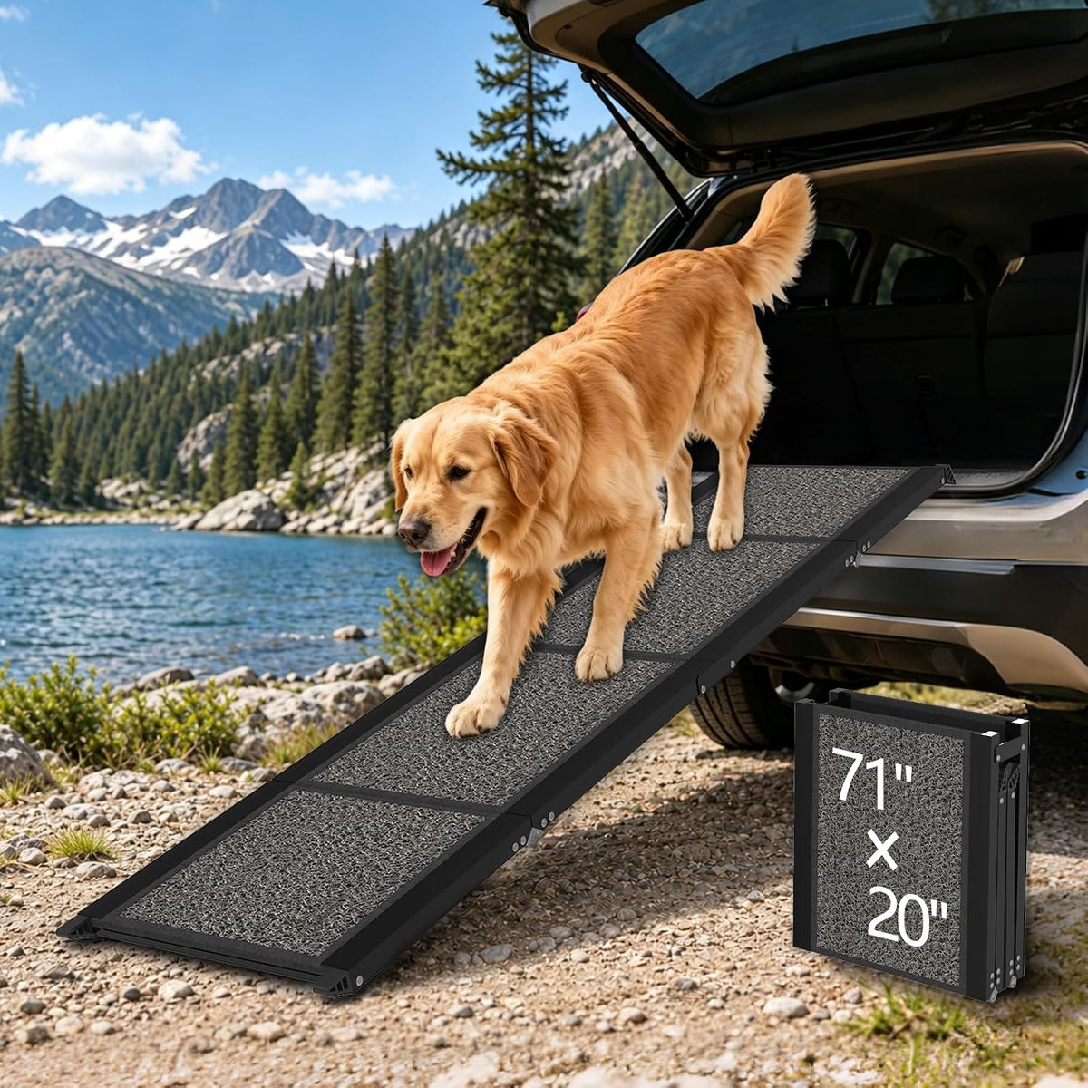 Aluminum dog car ramp with gray non-slip rug surface on an SUV