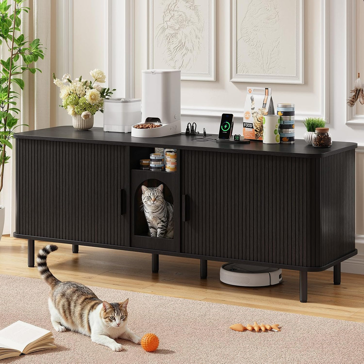Black 65 inch TV stand with two hidden litter box rooms