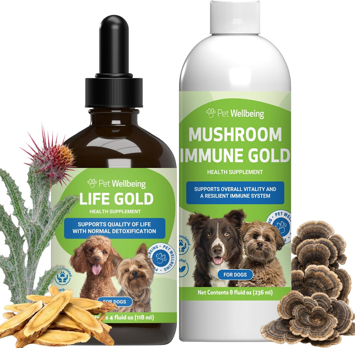 Value size bottle of mushroom blend supplement for dogs