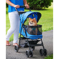 Cobalt blue folding pet stroller with storage basket and cup holder