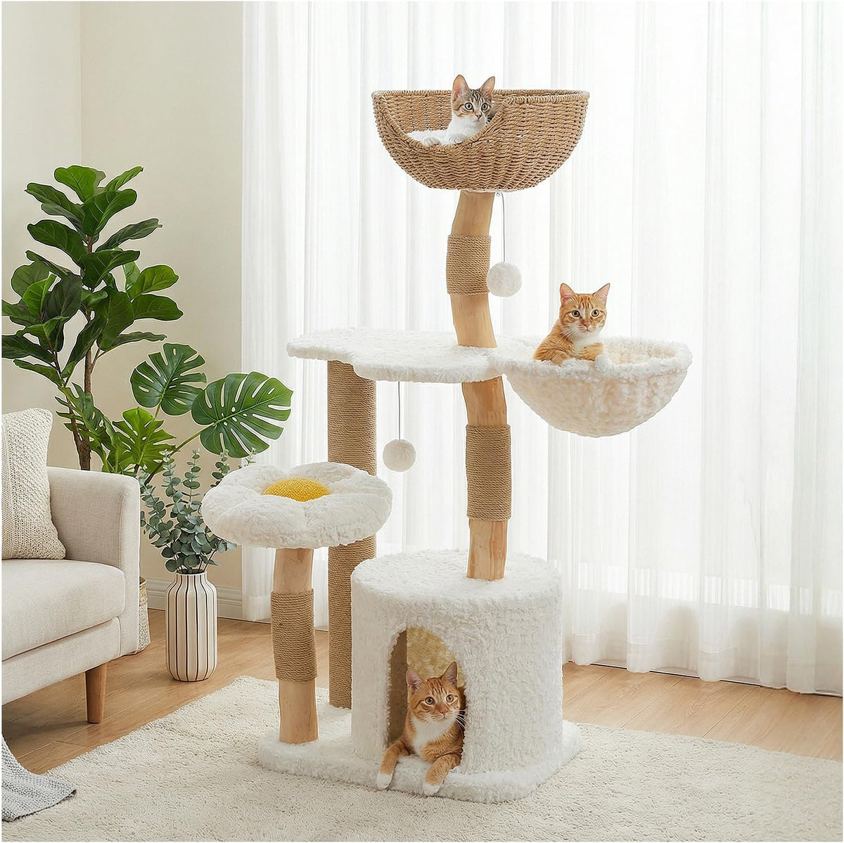 White boho cat tree with flower perch, rattan basket and hammock
