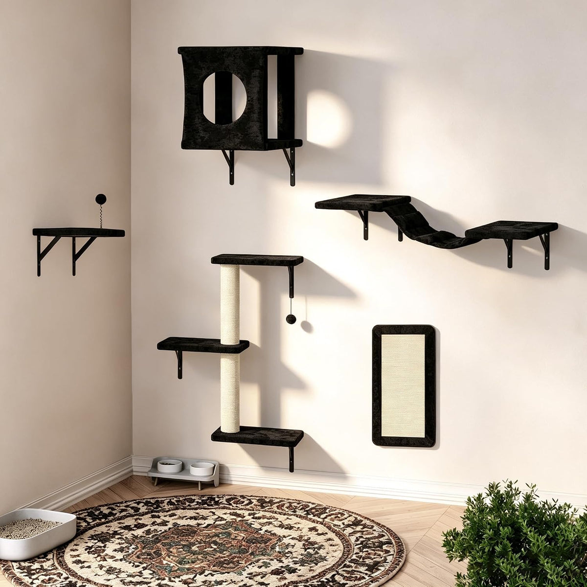 Black wall-mounted cat climbing shelves with condo and bridge ladder – view 11