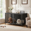 Rustic brown wooden double dog crate end table with center divider – view 2