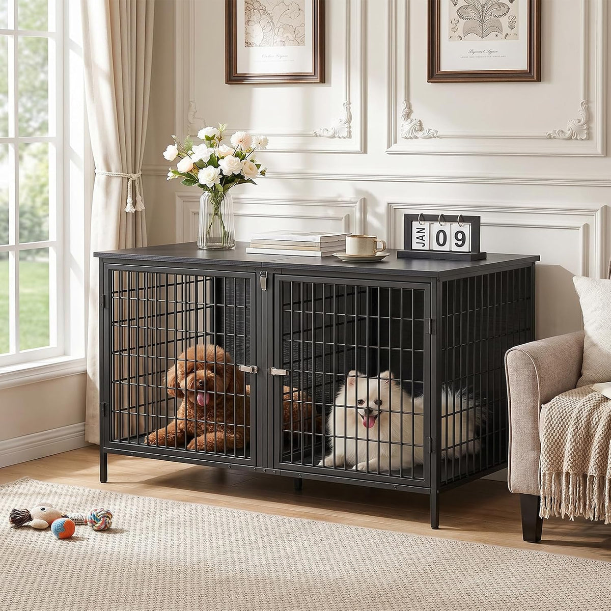 Rustic brown wooden double dog crate end table with center divider – view 2