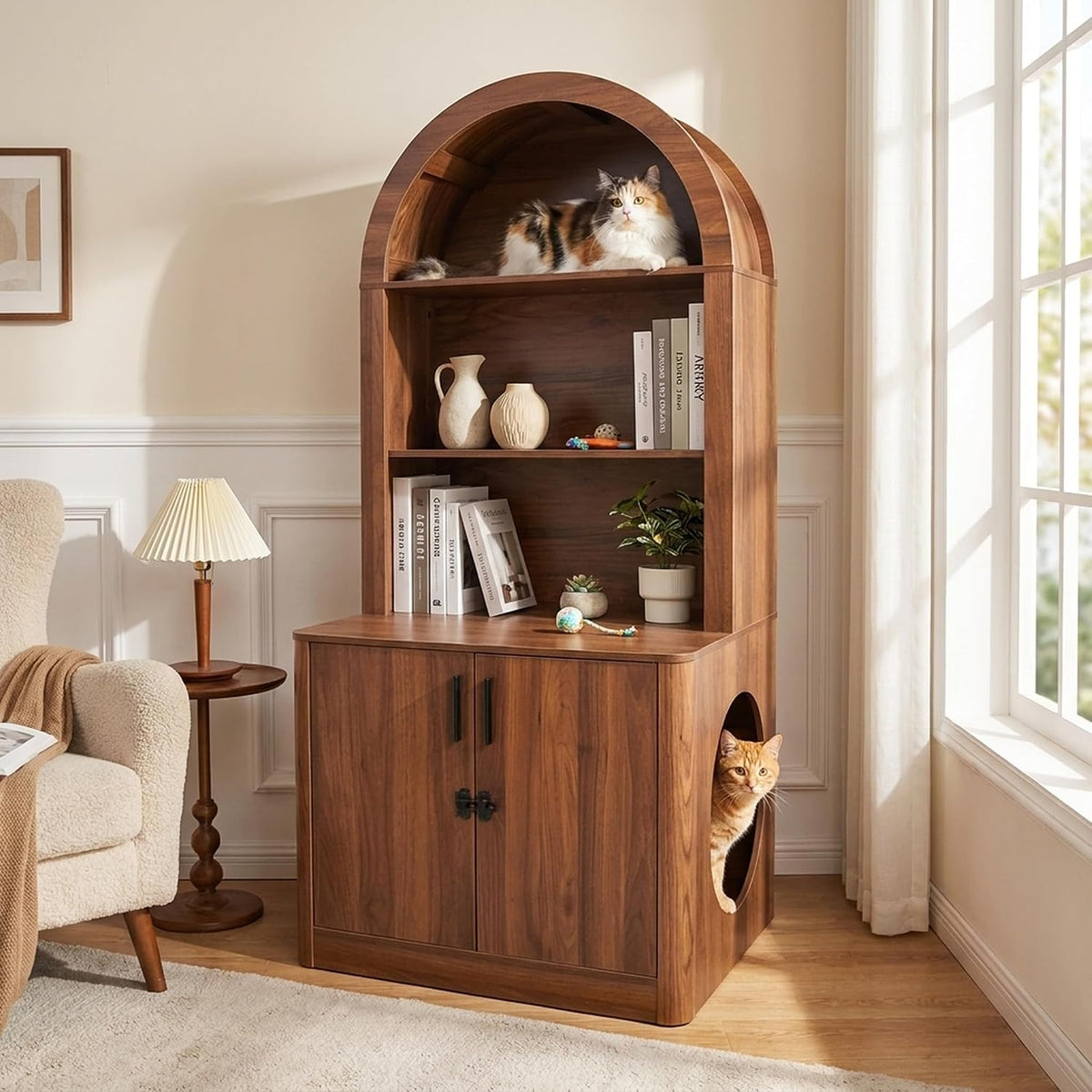 Walnut mid-century litter box cabinet with arched entry and shelves