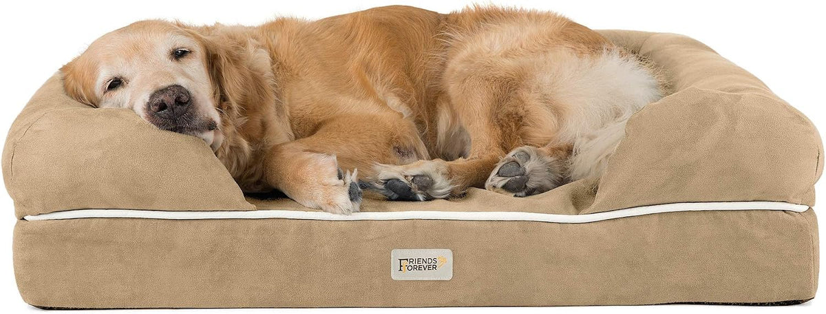 Khaki beige XL orthopedic dog sofa bed with bolster rim
