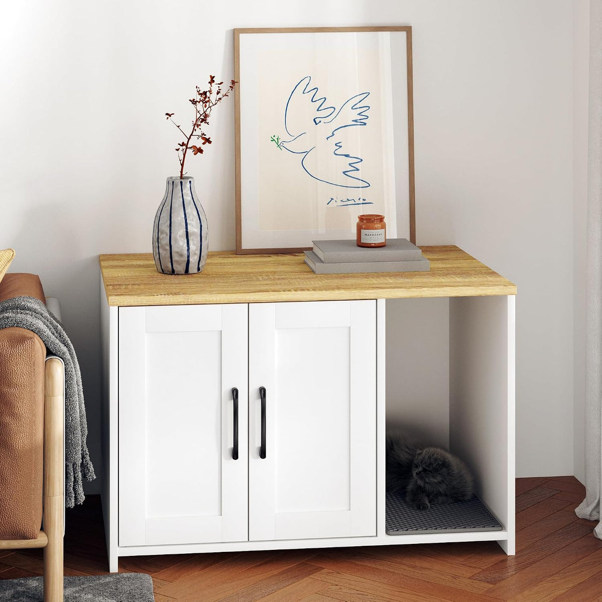 Black two-tier wooden litter box cabinet with open storage shelf – view 2