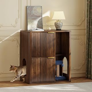 Double Cat Litter Box Enclosure for 2 Cats, Fluted Mid-Century Cabinet with Double Room, Scratching Post and Dangling Ball