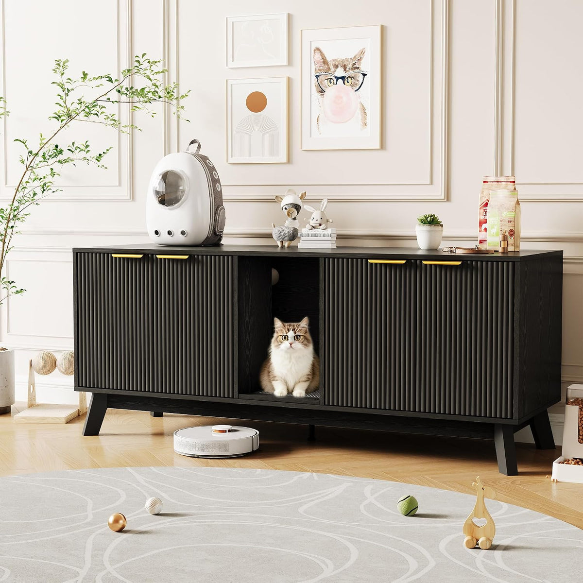 Black 59 inch double room litter box furniture used as TV stand