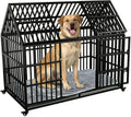 54 inch heavy duty black metal dog crate with tilted roof and wheels
