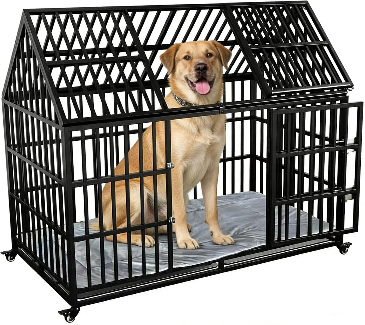 54 inch heavy duty black metal dog crate with tilted roof and wheels