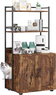 Cat Litter Box Enclosure, 2-in-1 Furniture with 2 Tier Storage Shelves and Doors, Wooden, Retro Color