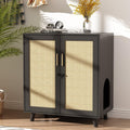 Black wooden litter box cabinet with sisal-covered doors