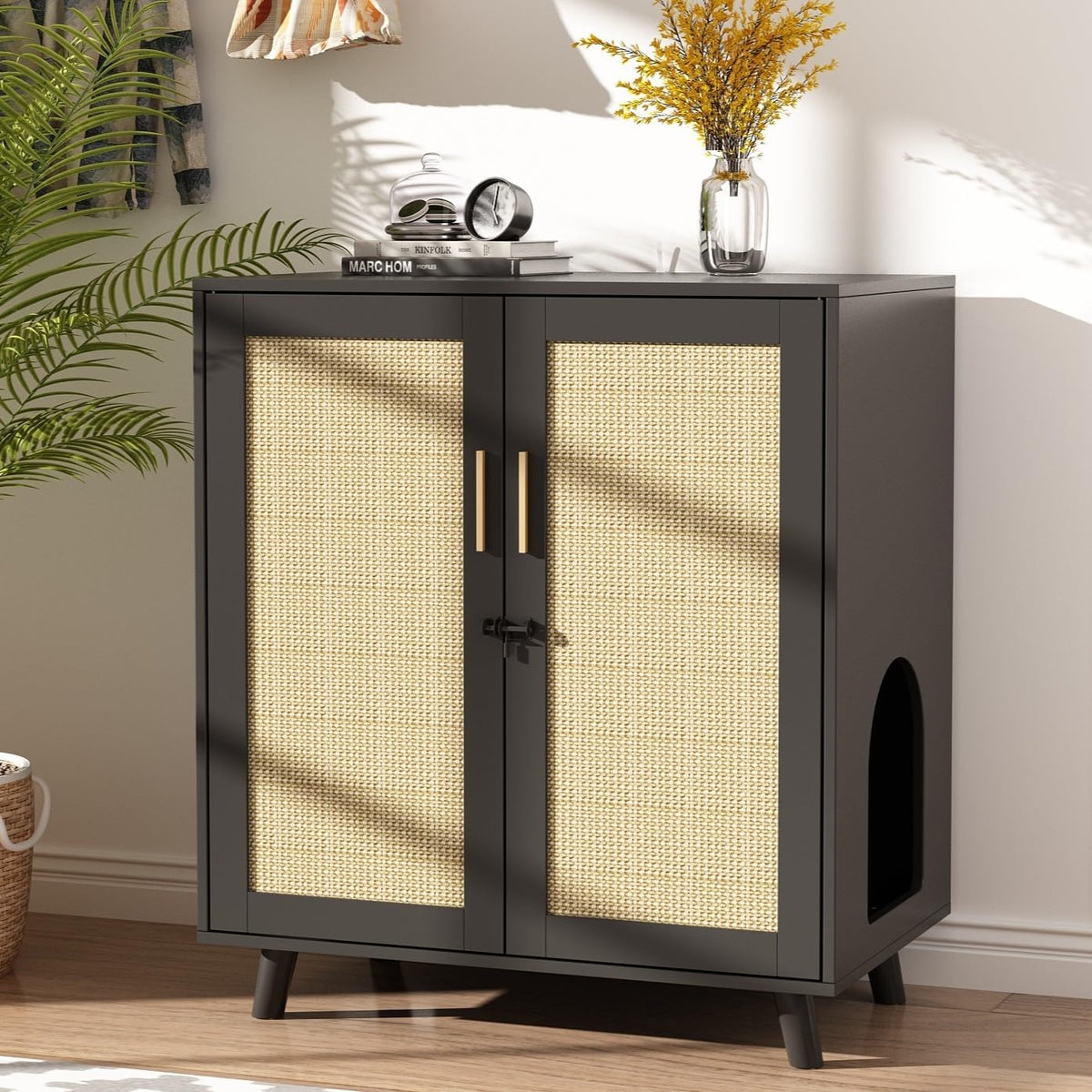 Black wooden litter box cabinet with sisal-covered doors