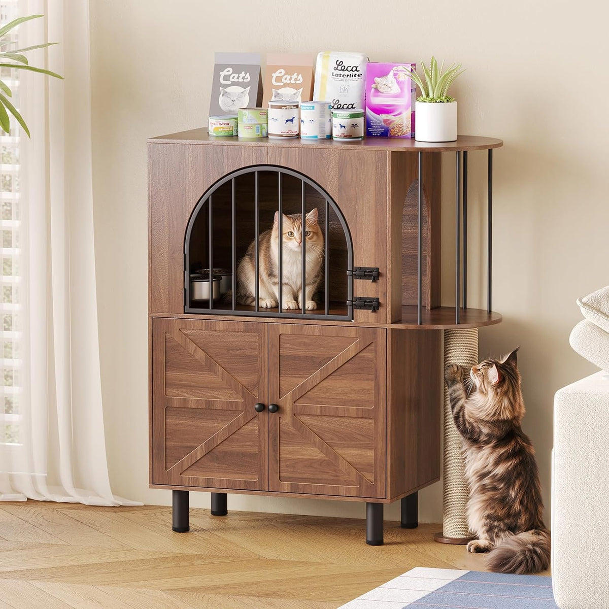 Walnut dog-proof cat feeding station with metal gate and bowls