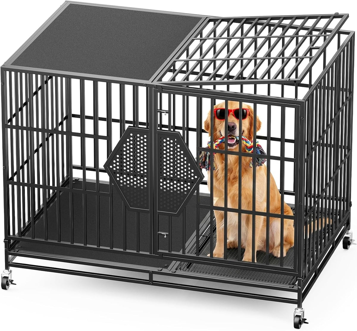 Heavy duty black metal dog crate with wide door and wheels