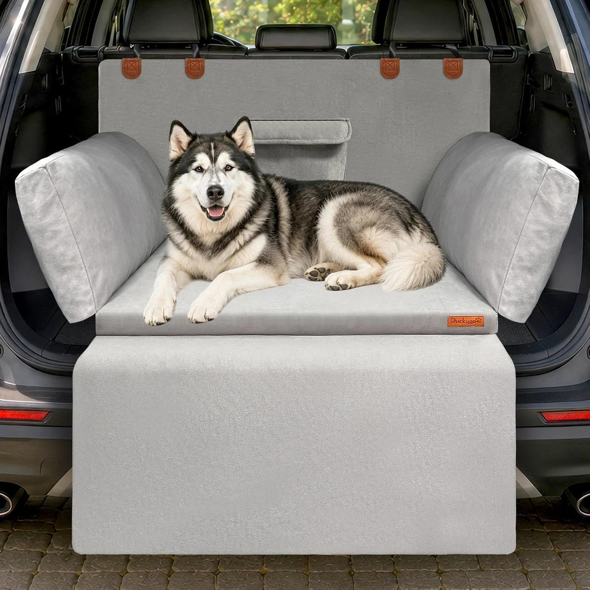 Padded waterproof SUV cargo liner dog bed with bumper flap