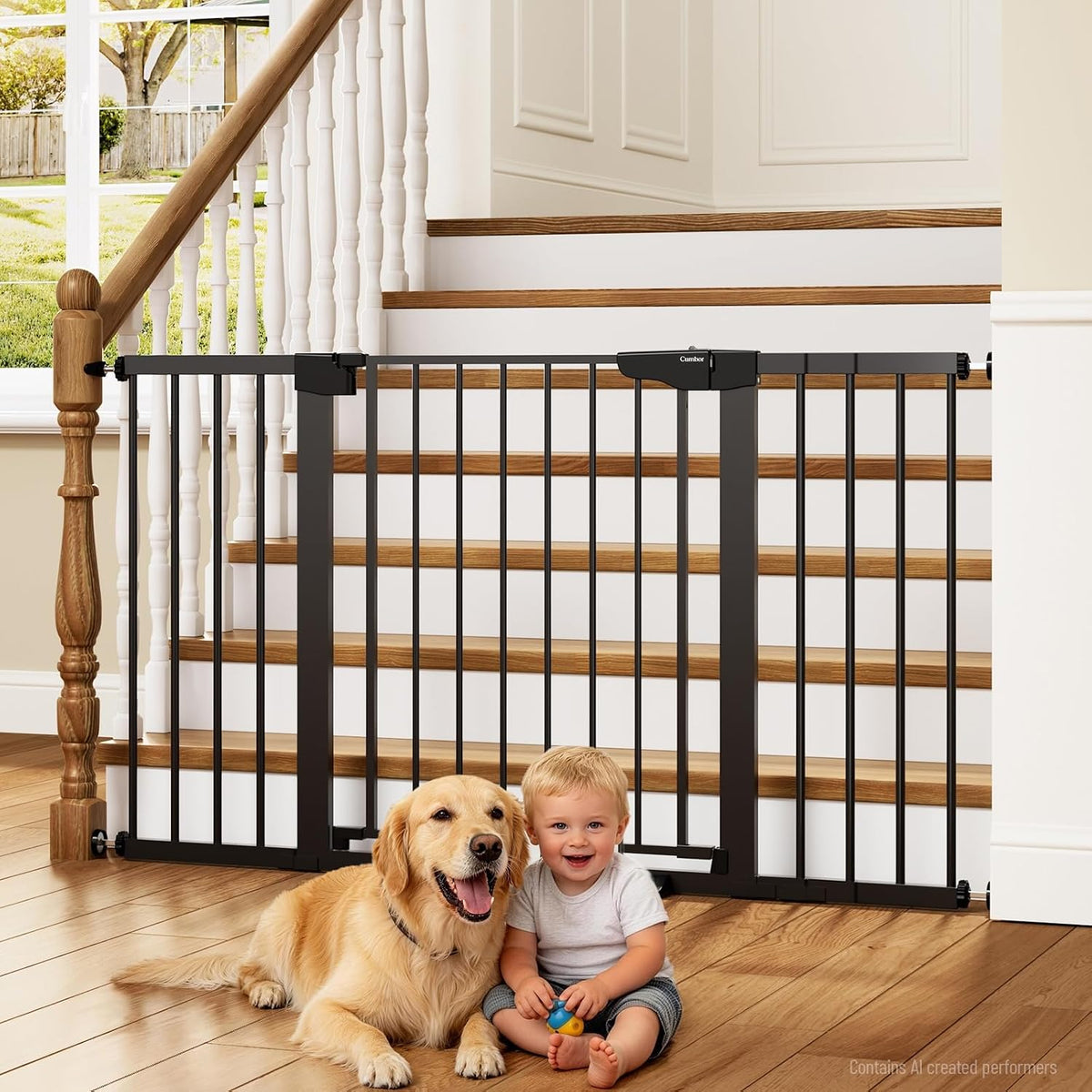 Black extra wide auto close pet gate with walk-through door