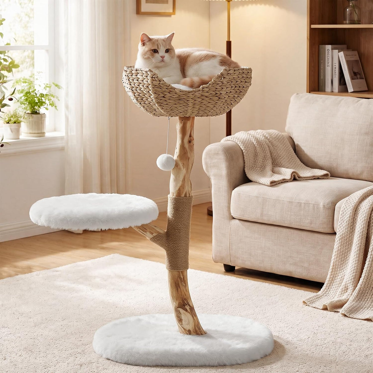 35 inch solid wood cat tree with natural branch design