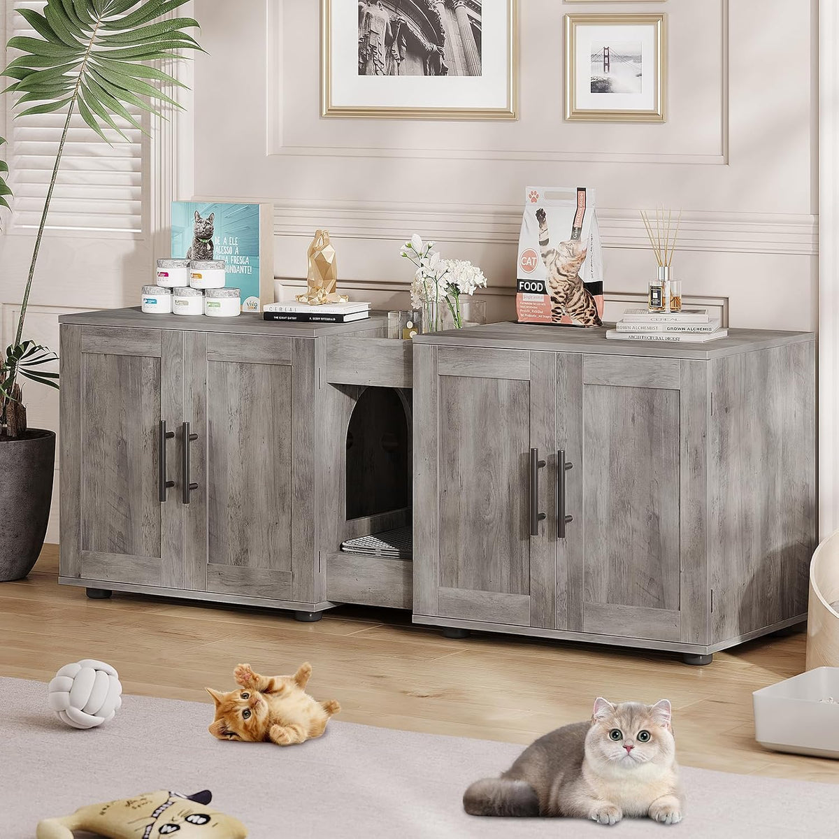 Grey double room litter box enclosure cabinet with scratching pad