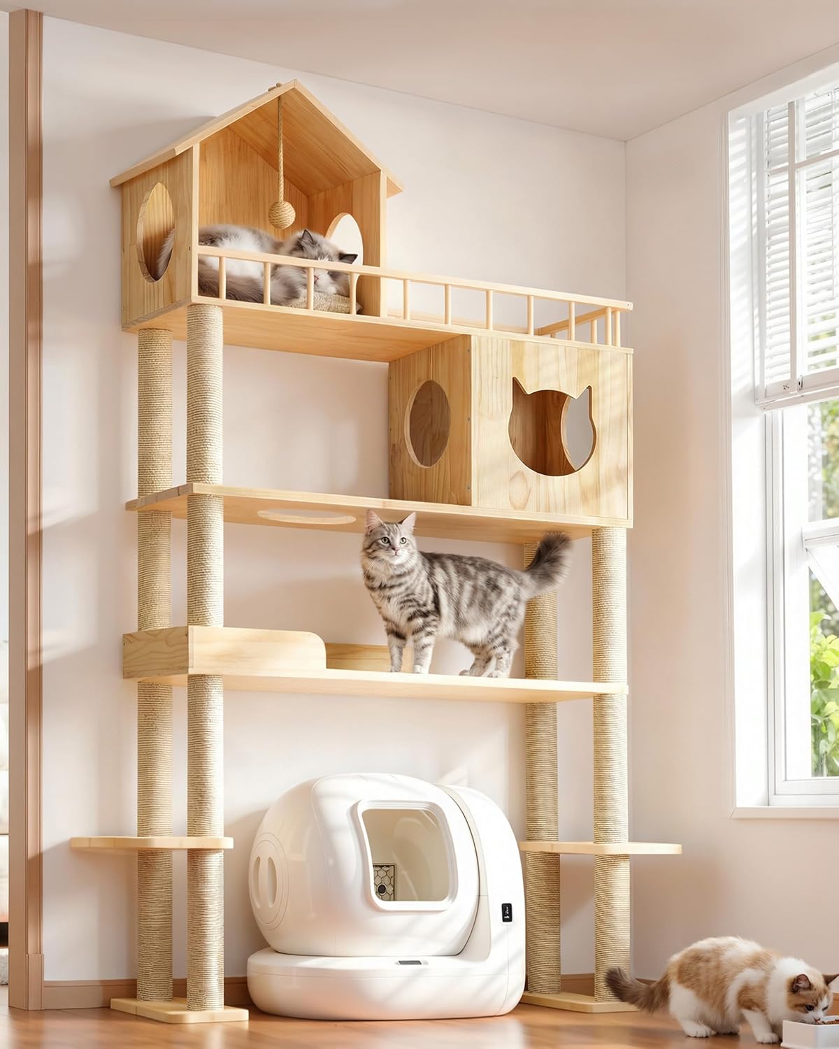Wooden five tier cat tree with automatic litter box at the base