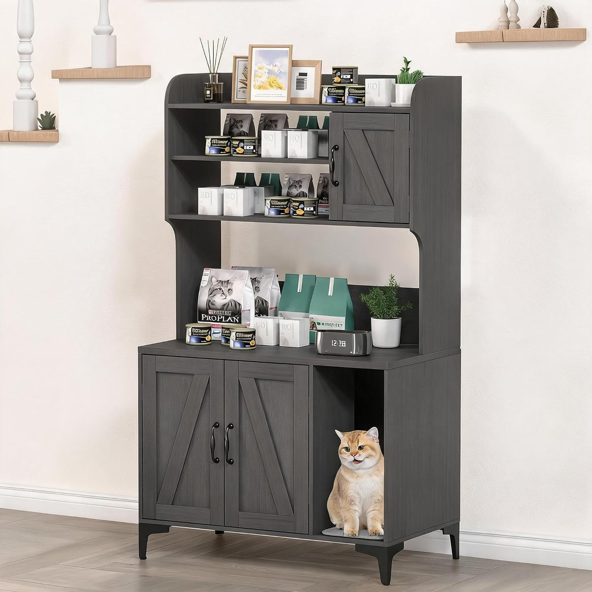 Tall white hidden cat litter box cabinet with shelves and two doors – view 2