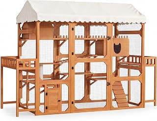 108-Inch Outdoor Cat Enclosure Catio, Pine Wood and Metal Wire, with Platforms, Ramps and Sleeping Pods, Brown