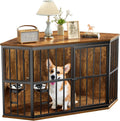 Wooden corner dog crate end table with a wide top and built-in bowl