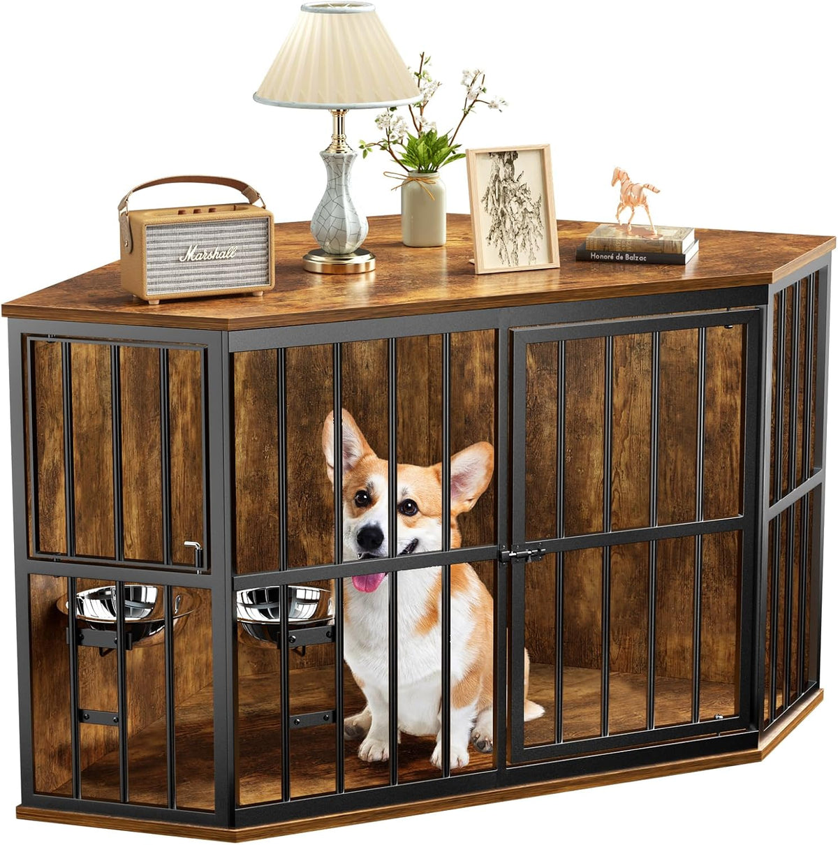 Wooden corner dog crate end table with a wide top and built-in bowl
