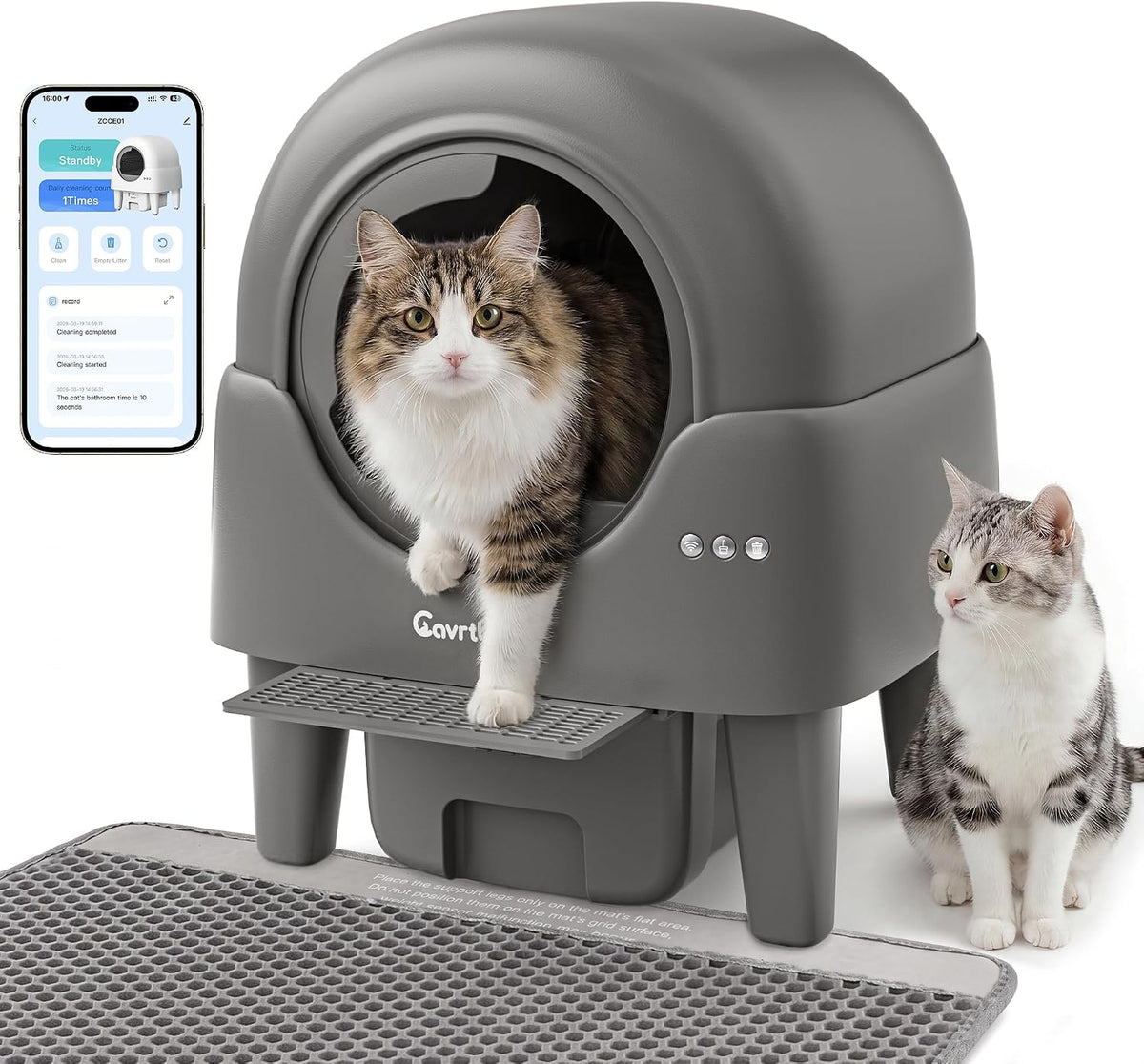 Grey automatic robot litter box with litter mat